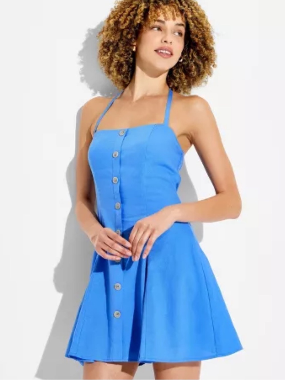 Wild Fable Women's Button-Front Halter Mini A-Line Dress Blue